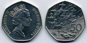 50p piece with Queen Elizabeth II depicted on the reverse.