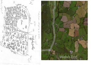 The map of c.1600 and a modern aerial photograph side-by-side